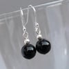 Simple Black Onyx Drop Earrings - Everyday Round Jet Black Dangly Earrings 