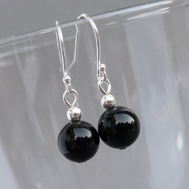 Simple Black Onyx Drop Earrings - Everyday Round Jet Black Dangly Earrings 