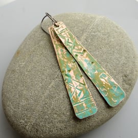 Copper verdigris earrings, Long boho style earrings