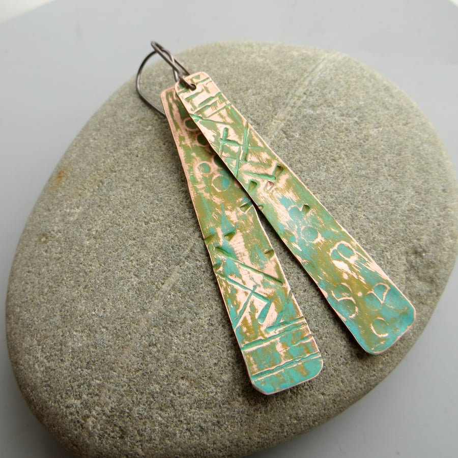 Copper verdigris earrings, Long boho style earrings