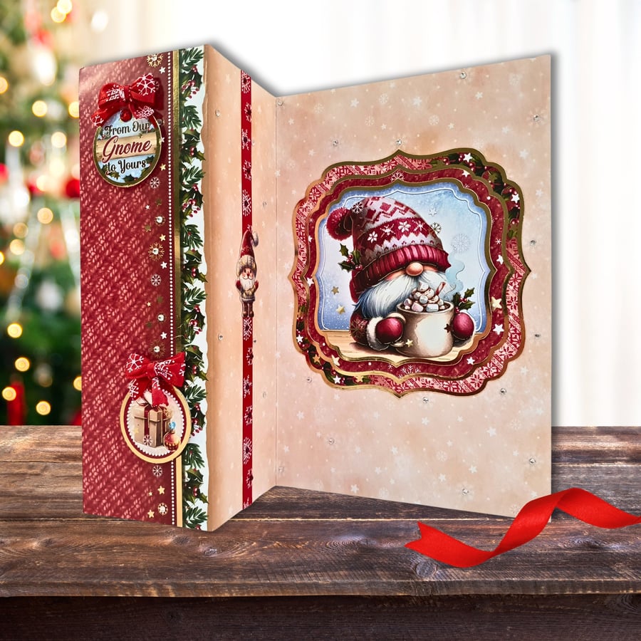 Fun Fold Christmas Card Featuring A Gnome In Red, Drinking A Hot Chocolate