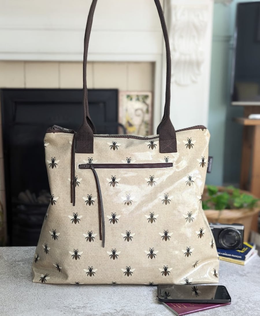 Oilcloth Large Shoulder Tote Bag with Bee Print