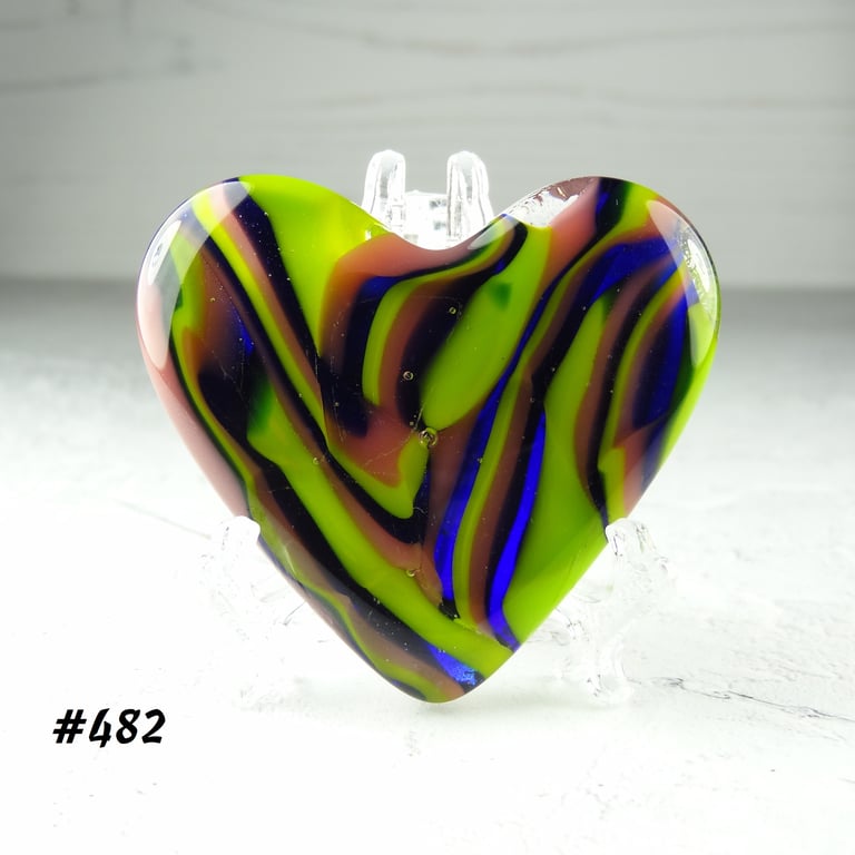 Green brown blue fused glass heart with acrylic stand, 5x4.5cm (482)