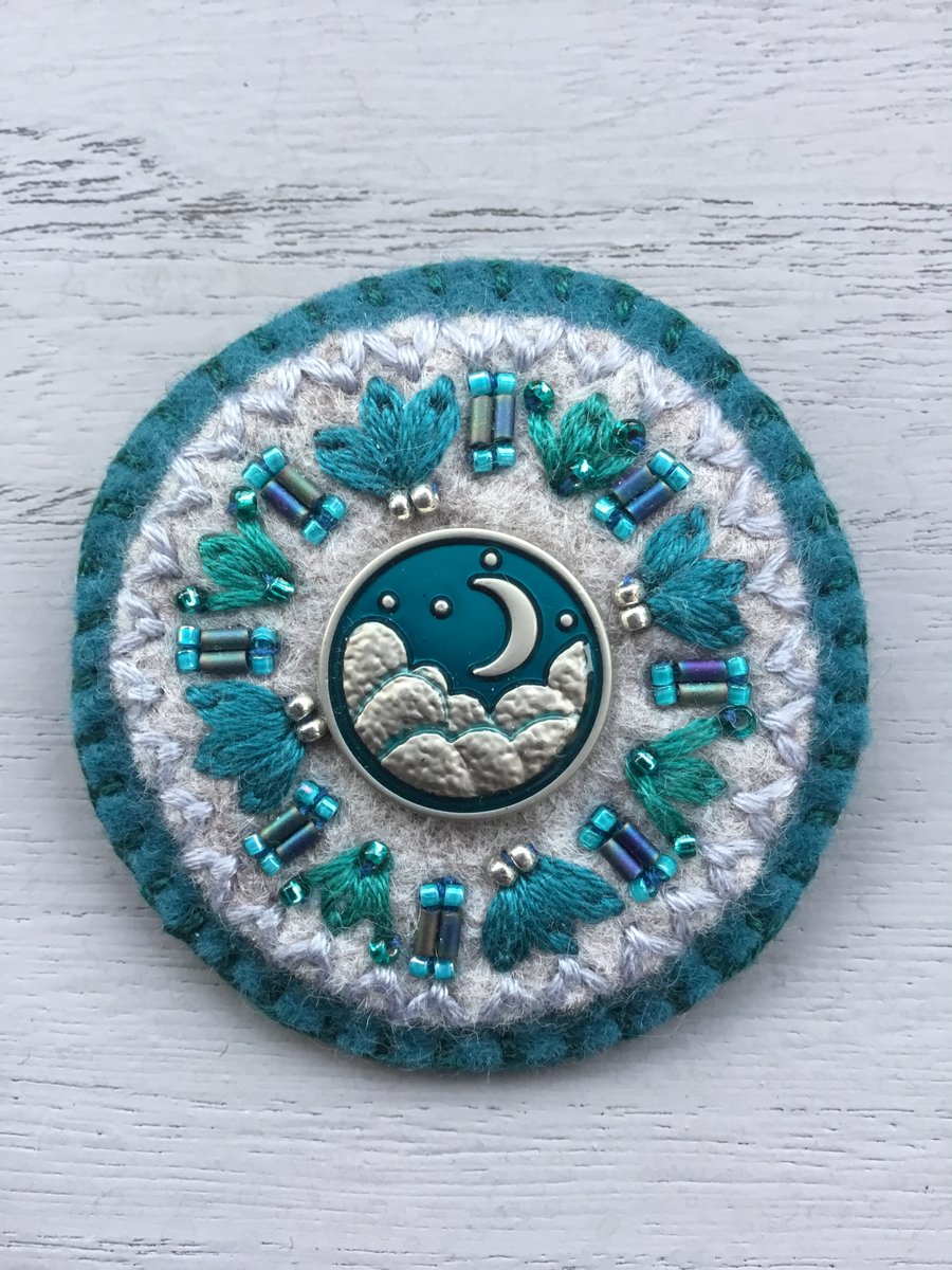 Hand Embroidered Crescent Moon Brooch