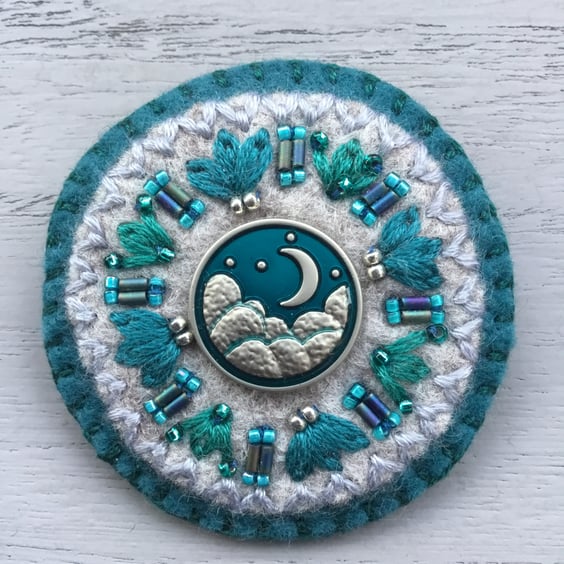 Hand Embroidered Crescent Moon Brooch