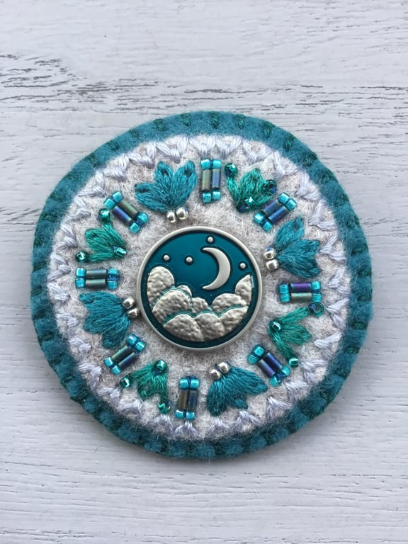 Hand Embroidered Crescent Moon Brooch