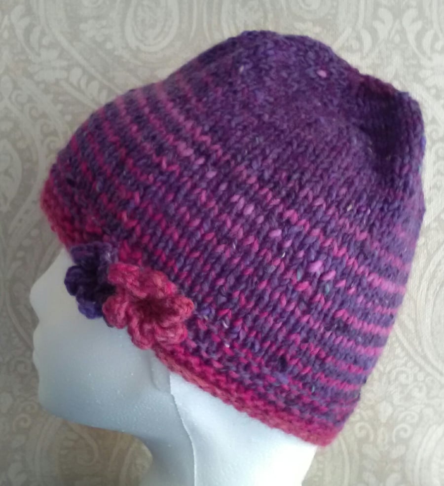 Handknit Noro 2-flowered Roll up Beanie Hat 100% wool stripey pink purple SMALL