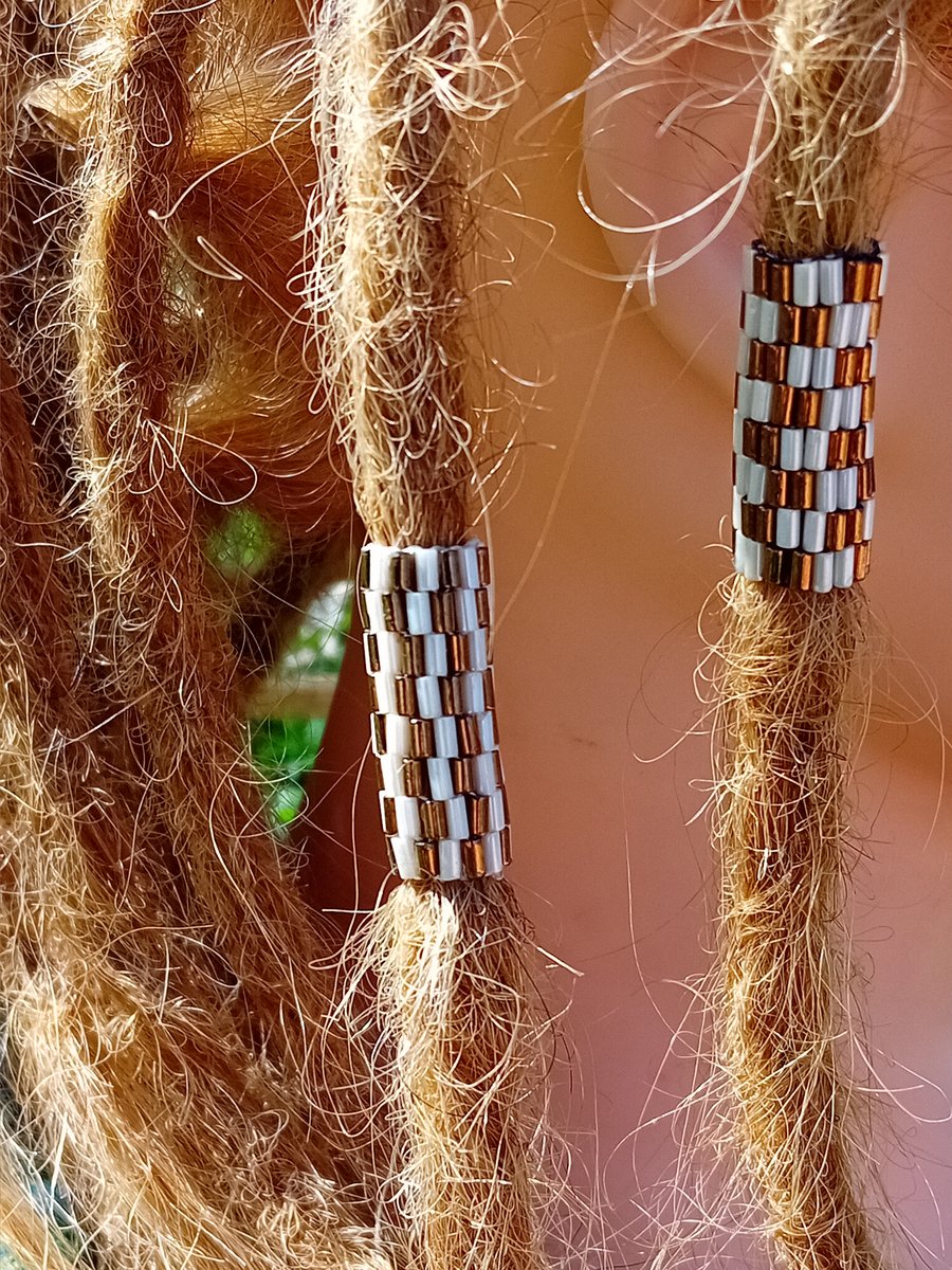 Bronze and cream striped and chequered dreadlock beads