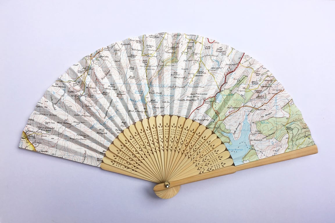 Unique handmade Fan, created using recycled map paper 