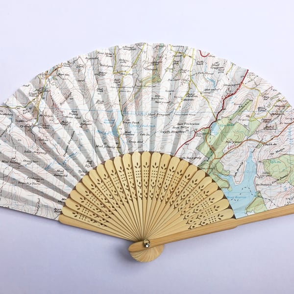 Unique handmade Fan, created using recycled map paper 