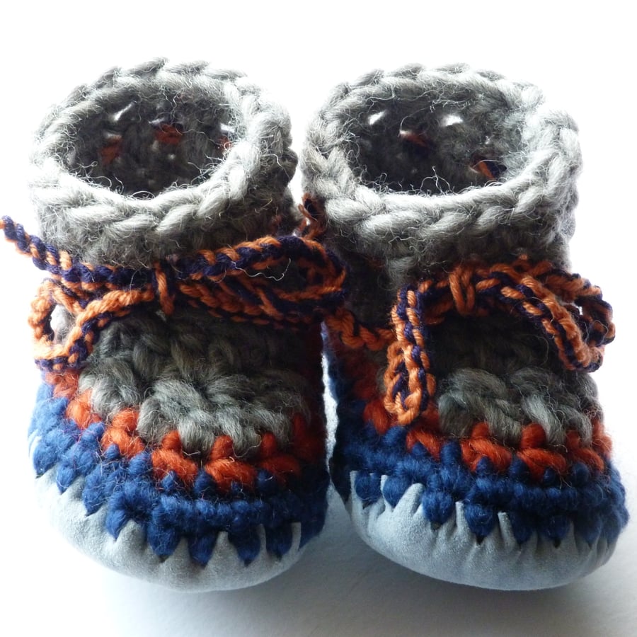 Wool & leather baby boots - grey, orange, navy - 6-12 months