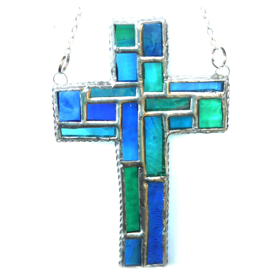 Cross Suncatcher Stained Glass Patchwork Green Teal Handmade 