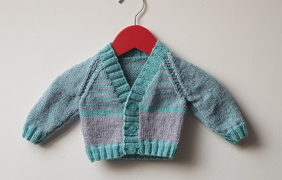 0-3 months Hand Knitted Turquoise and pale Grey Stripe Cardigan
