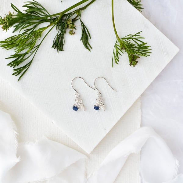 Tiny Star with Blue Sapphire and White Seed Pearl Cluster Earrings