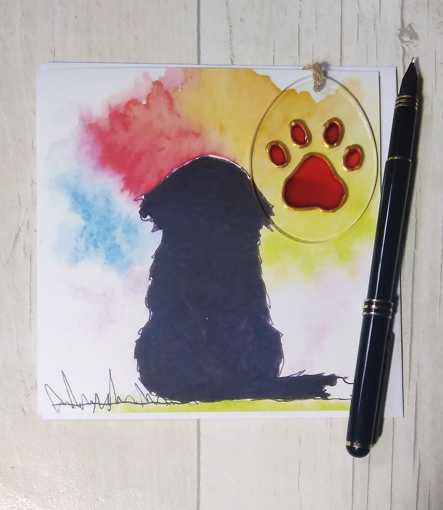 Bernese Mountain Dog sympathy card and paw print sun catcher gift. Printed card.