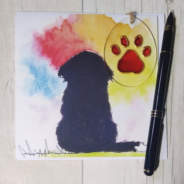 Bernese Mountain Dog sympathy card and paw print sun catcher gift. Printed card.