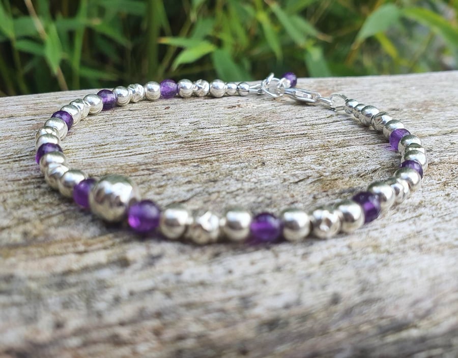 Amethyst and Sterling Silver Bracelet. Beaded Silver and AA grade 4mm Amethyst f