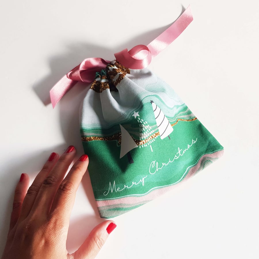 Handmade green, pink and gold glitter Christmas gift pouch