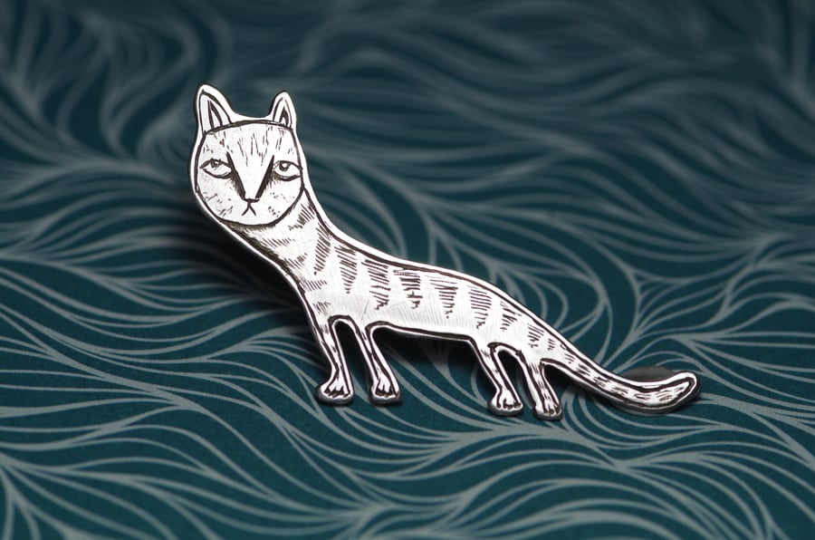 Ugly Cat lapel pin - Handmade Sterling silver brooch badge