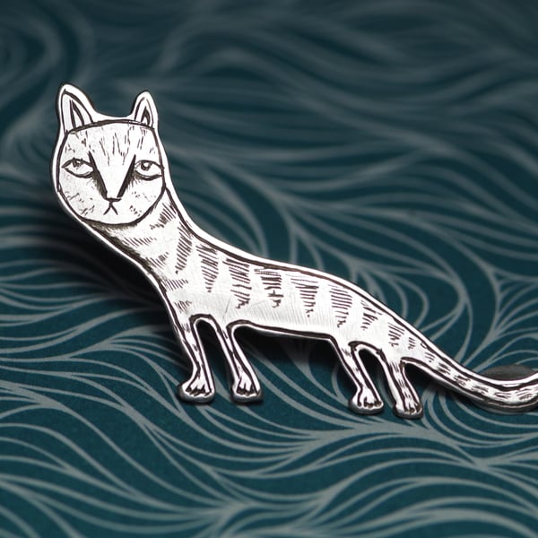 Ugly Cat lapel pin - Handmade Sterling silver brooch badge