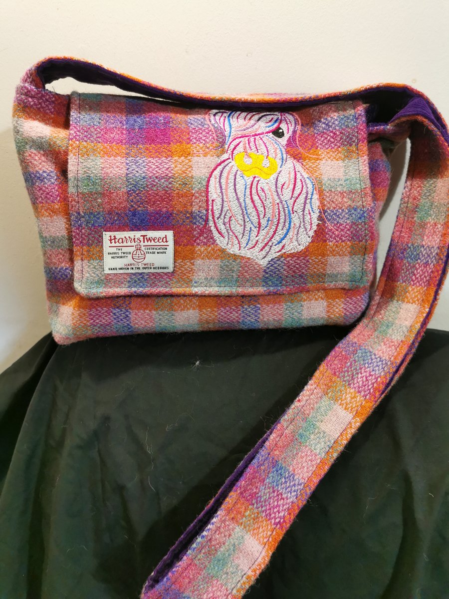 Harris Tweed crossbody bag with Highland cow. 