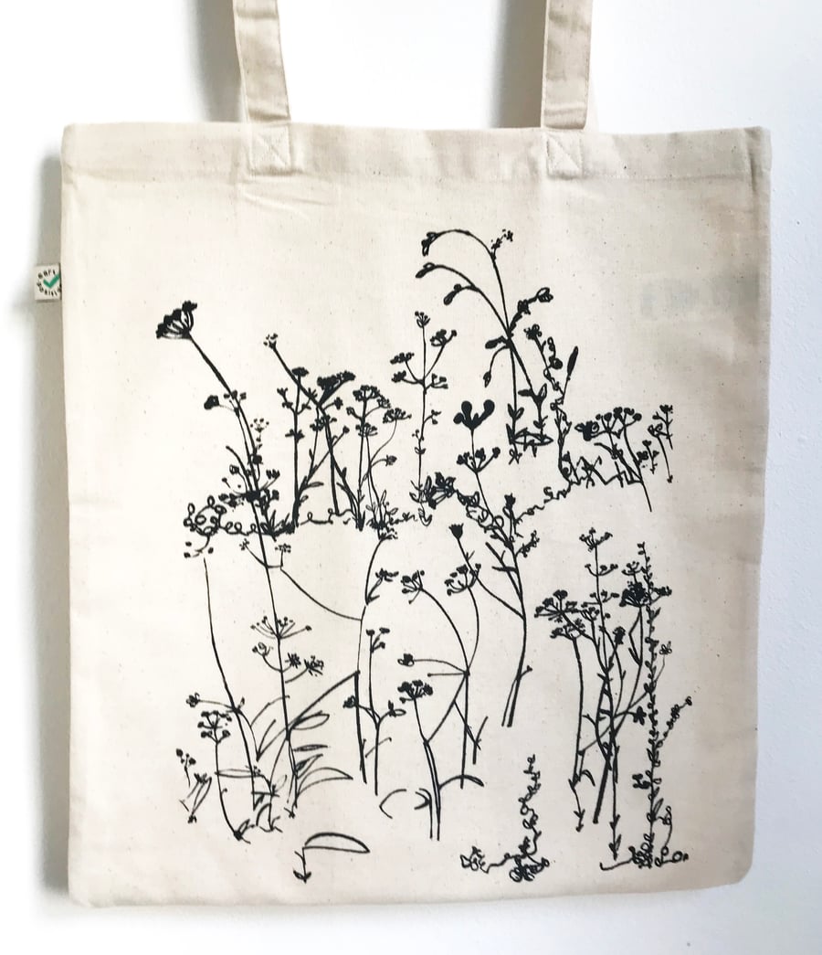 Wild Meadow Flowers hand printed organic cotton tote bag