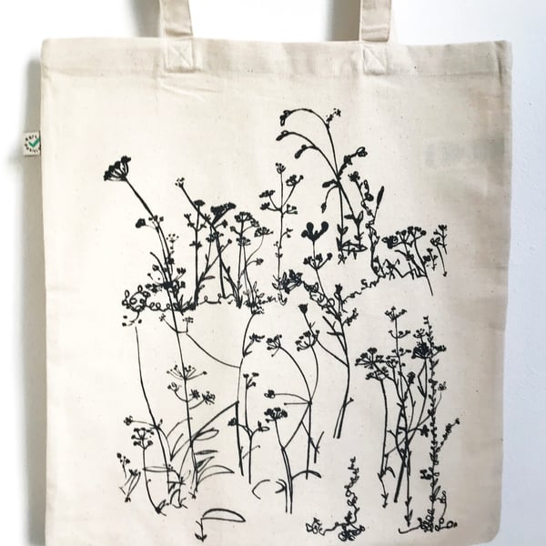 Wild Meadow Flowers hand printed organic cotton tote bag