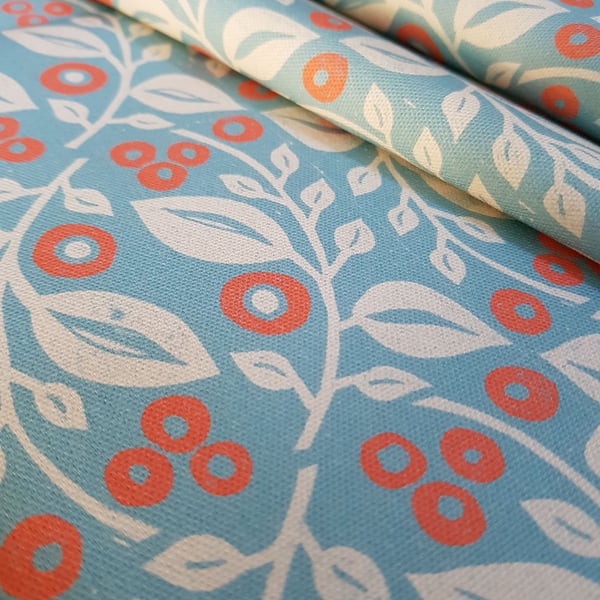 'Lucy' fabric in blue and coral.