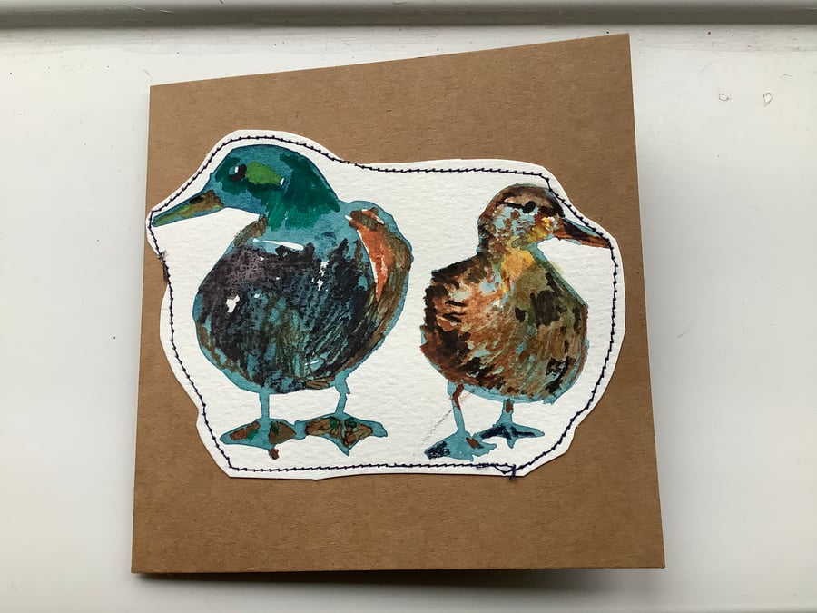 Hand painted original greeting card with pair of ducks