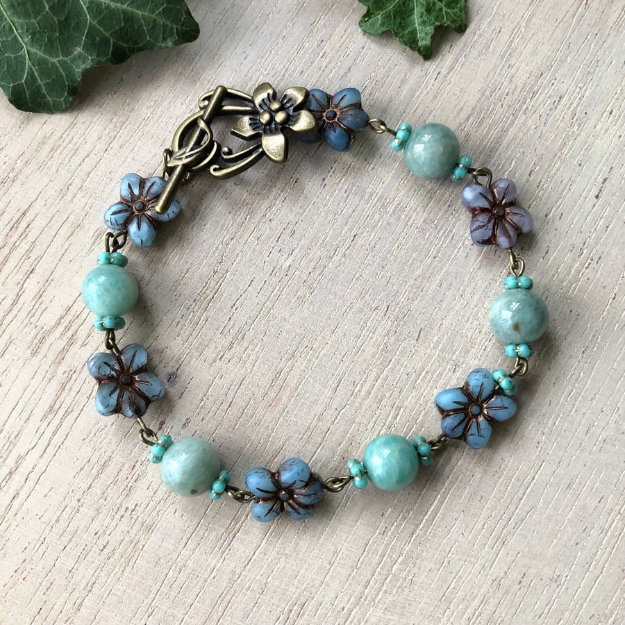 Blue Amazonite & Czech Glass Flower Beaded Bracelet. Floral Hippie Boho Bead