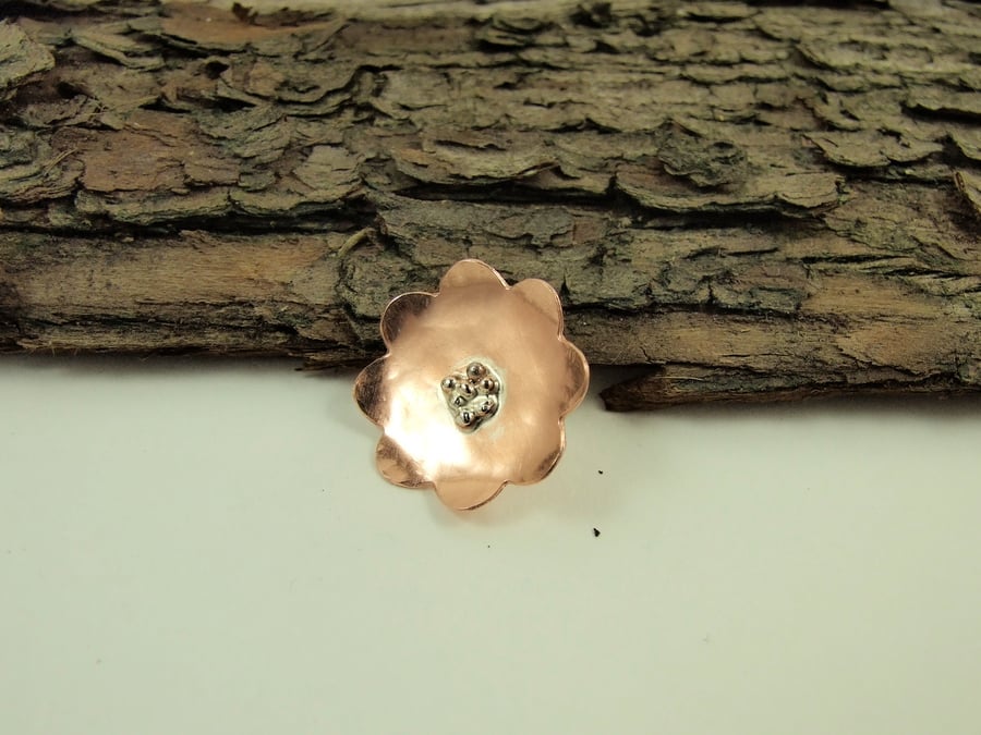 Small Flower Lapel Pin Brooch Copper and Sterling Silver 