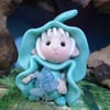 Tiny Magical Gnome 'Aqua' with gemstone necklace OOAK Sculpt by Ann Galvin