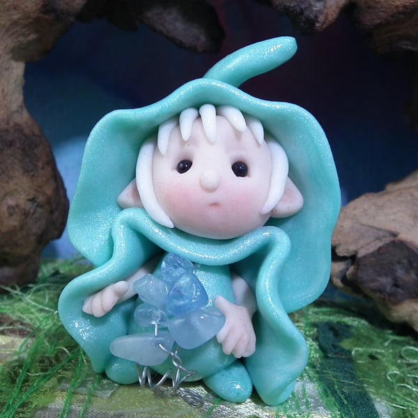 Tiny Magical Gnome 'Aqua' with gemstone necklace OOAK Sculpt by Ann Galvin