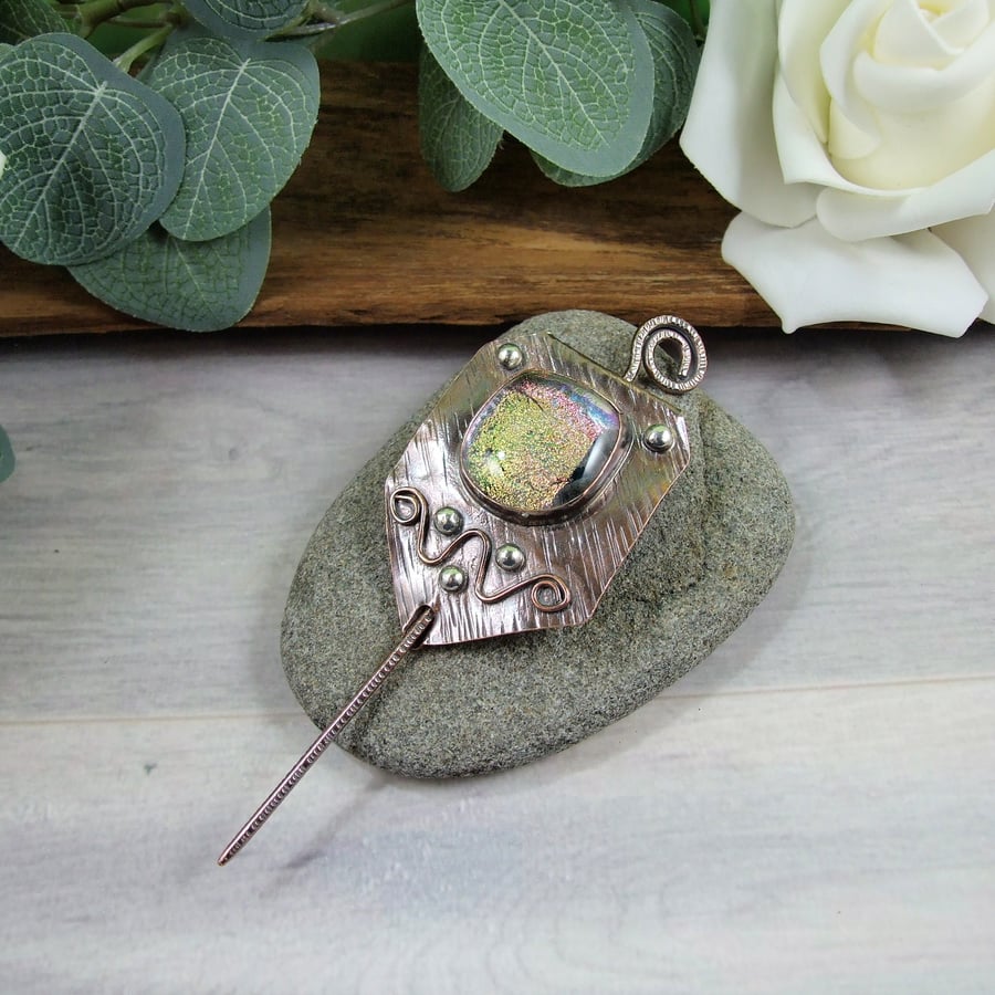 Shawl Pin Brooch. Copper with Artisan Dichroic Glass Cabachon