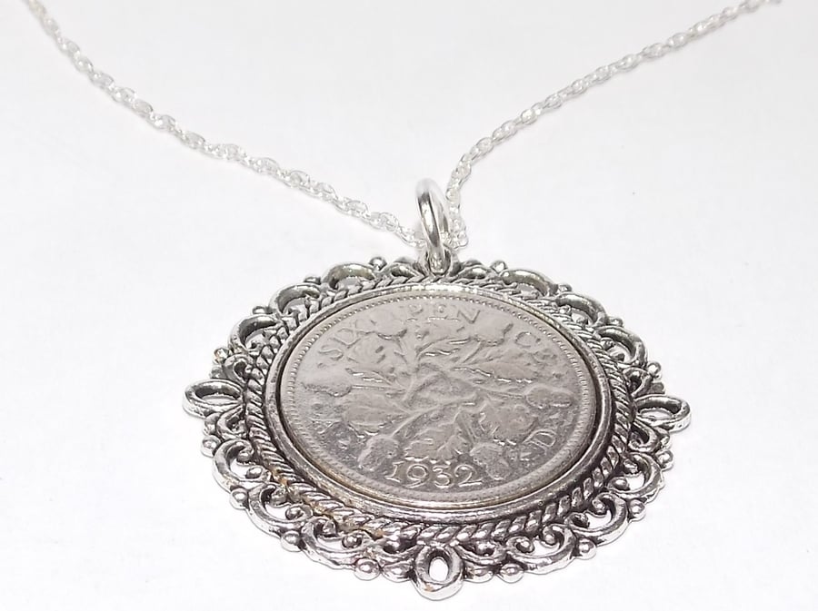 Fancy Pendant 1932 Lucky sixpence 92nd Birthday plus a Sterling Silver 18in Chai