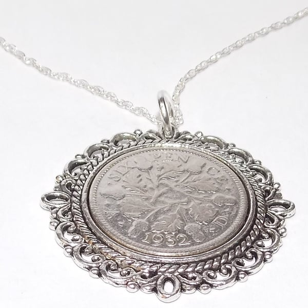 Fancy Pendant 1932 Lucky sixpence 92nd Birthday plus a Sterling Silver 18in Chai