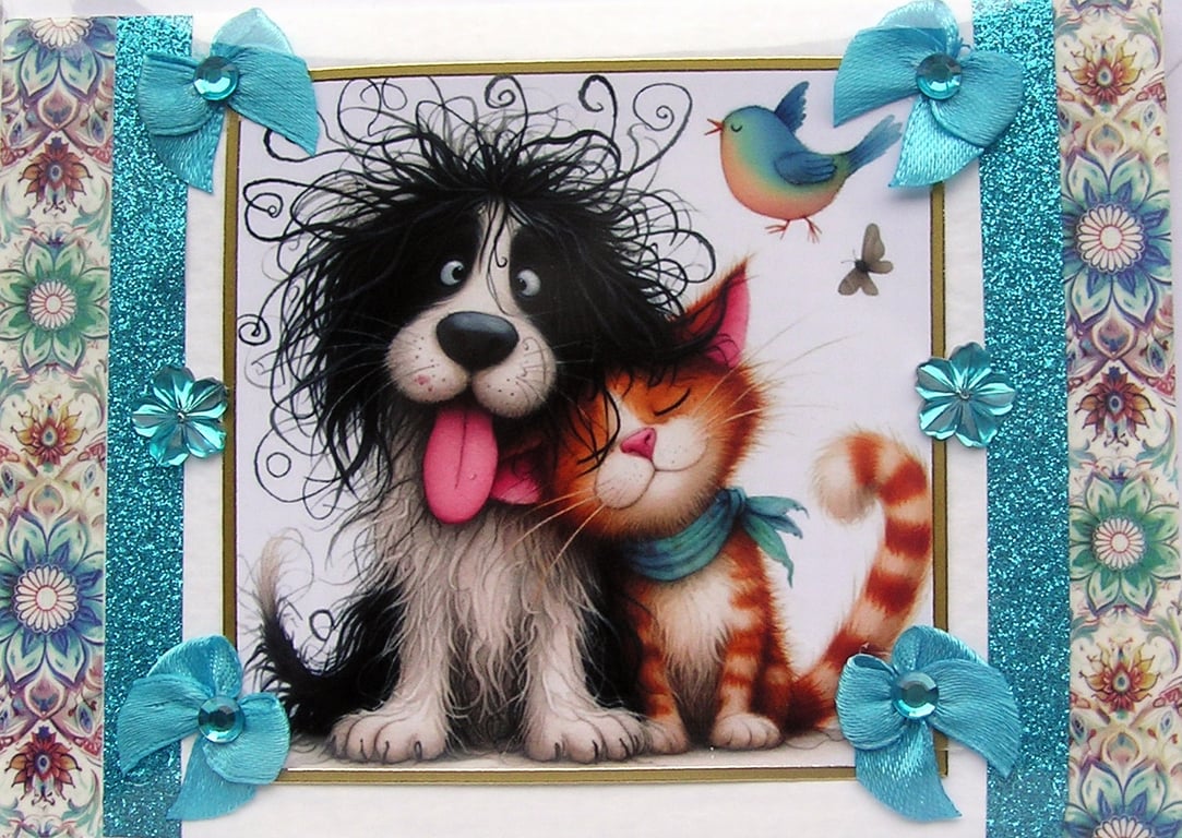 Puppy & Kitten Cuddles - Hand Crafted Decoupage Greeting Card - Blank 3107