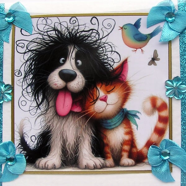 Puppy & Kitten Cuddles - Hand Crafted Decoupage Greeting Card - Blank 3107