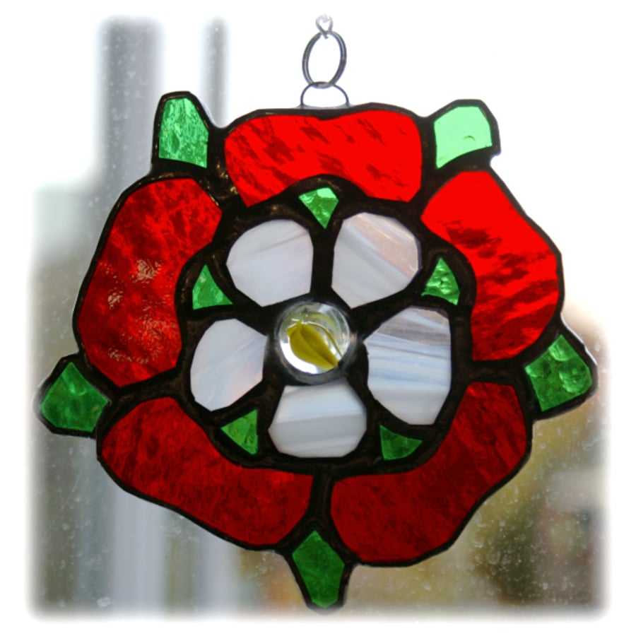 Tudor Rose Suncatcher Stained Glass Red White Handmade 