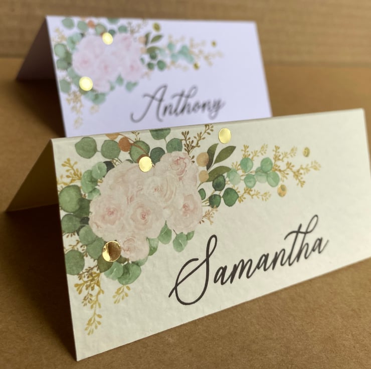 6x blush pink roses EUCALYPTUS name place CARDS... - Folksy