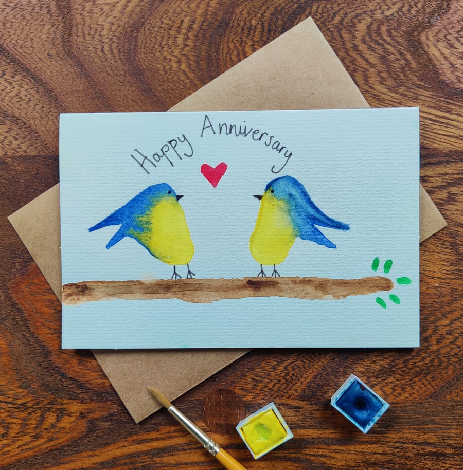 Original HandPainted Cute Bird Anniversary, Wedding Card, Personalisation 