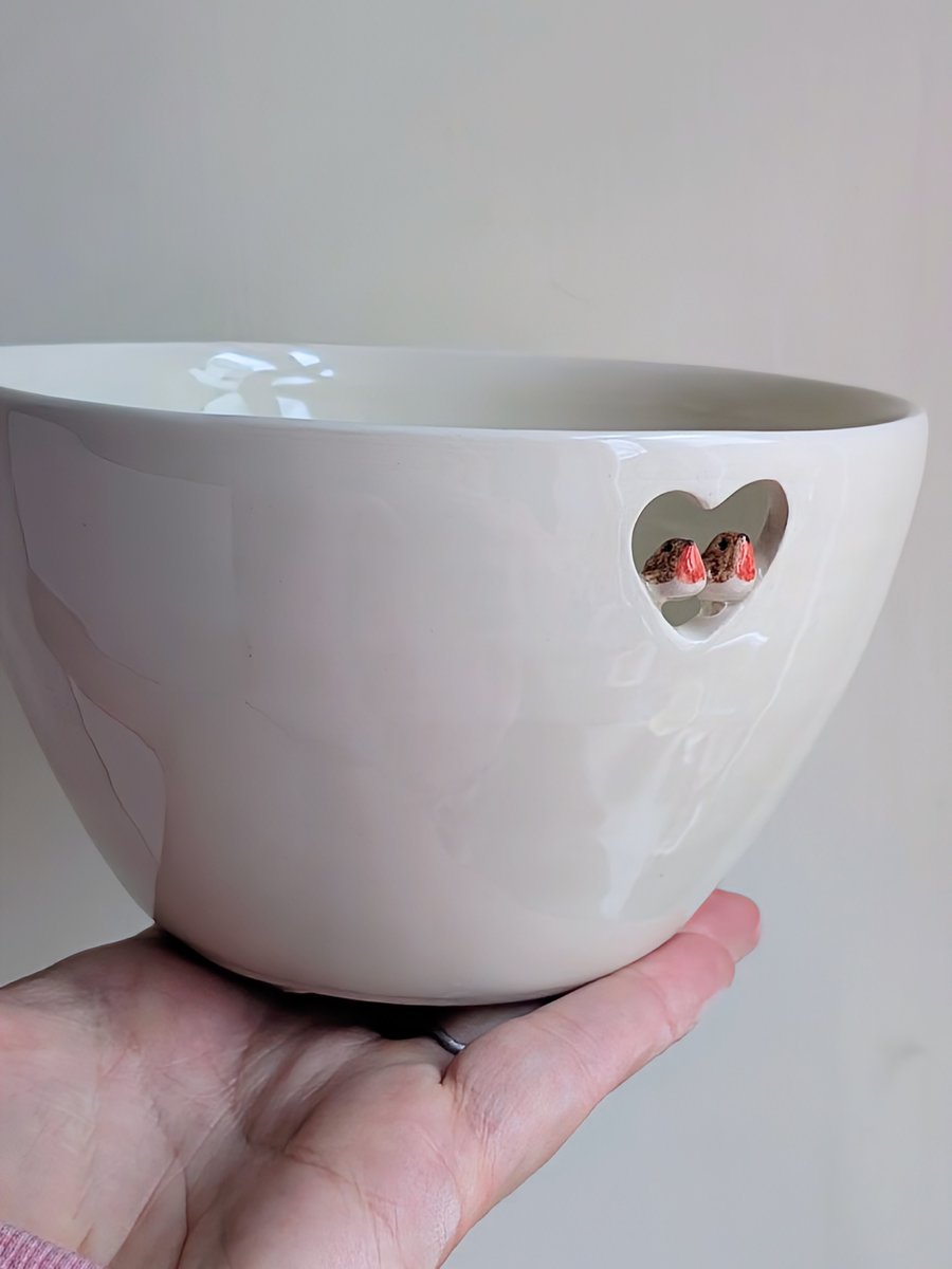 Ceramic robin bird couple bowl with heart, Perfectly Imperfect 