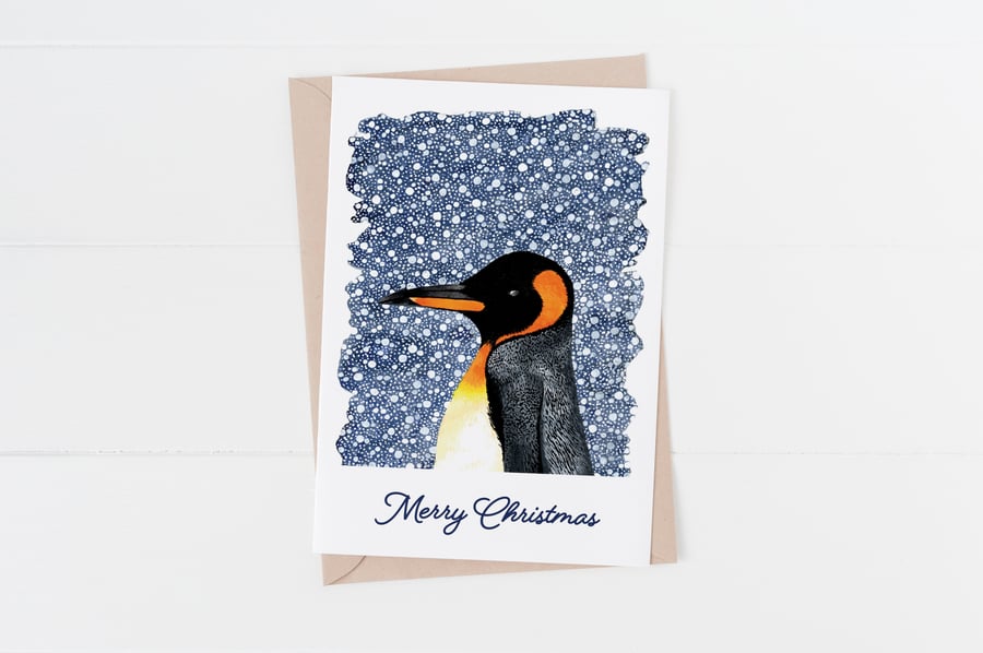Merry christmas penguin illustrated greetings card