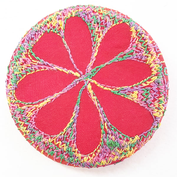 58mm Fabric Badge with Free Machine Embroidery Hand Dyed Silks and Cottons Badge