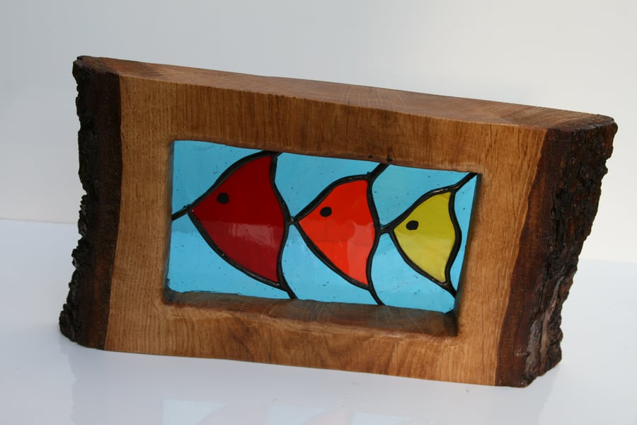 ‘Tropical Waters’ stained glass trio of fish framed in solid oak