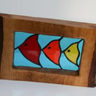 ‘Tropical Waters’ stained glass trio of fish framed in solid oak