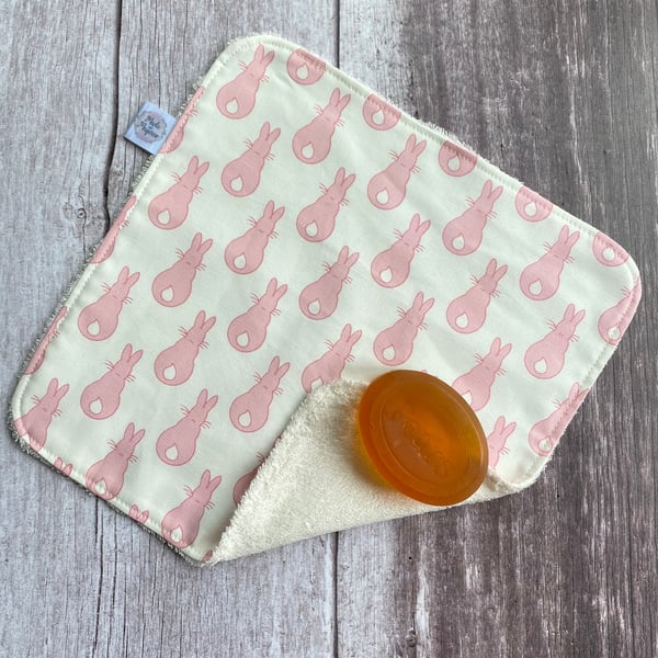 Organic Bamboo Cotton Wash Face Cloth Flannel Pink Bunny Rabbit