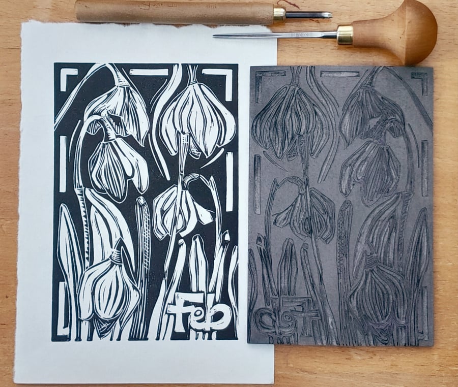 STOCK CLEARANCE 'The First Snowdrops', Lino Print in Black on Hosho Paper