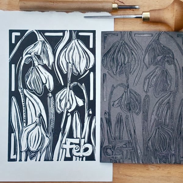 STOCK CLEARANCE 'The First Snowdrops', Lino Print in Black on Hosho Paper