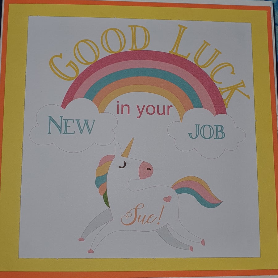 Unicorn and Rainbow New Job Personalised traditional card
